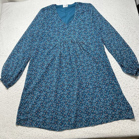 Time and Tru Dresses & Skirts - Time & Tru Women's Medium Long Sleeve Blue Colorful Floral V-Neck A-Line Dress